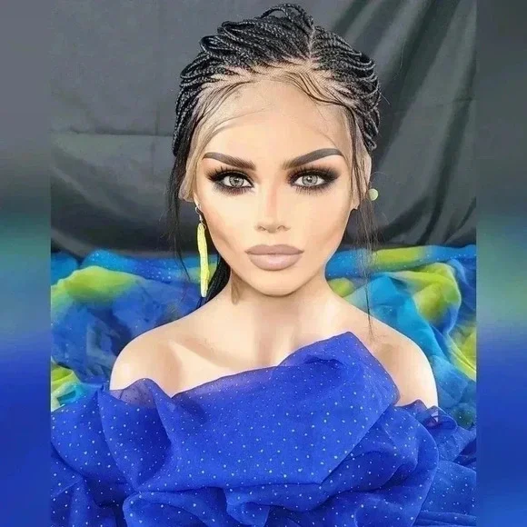 ๐ Braided full Lace Wig: African-Inspired, Black wig Human-Synthetic, "YARA" - Picture 8 of 16